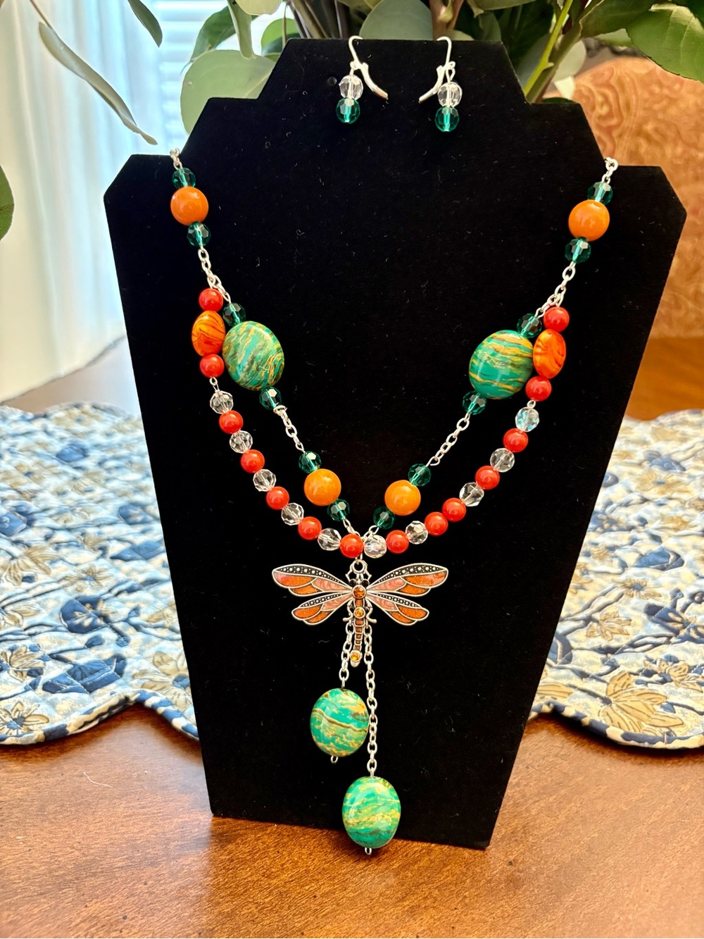 Handmade Dragonfly Pendant Necklace and Earring Set in Green & Orange